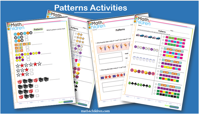 kindergarten patterning worksheets. Children learn different patterns in a fun way.